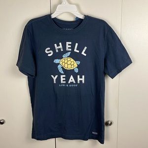 Life Is Good Men's T Shirt Blue "Shell Yeah" Turtle Screen Print 100% Cotton